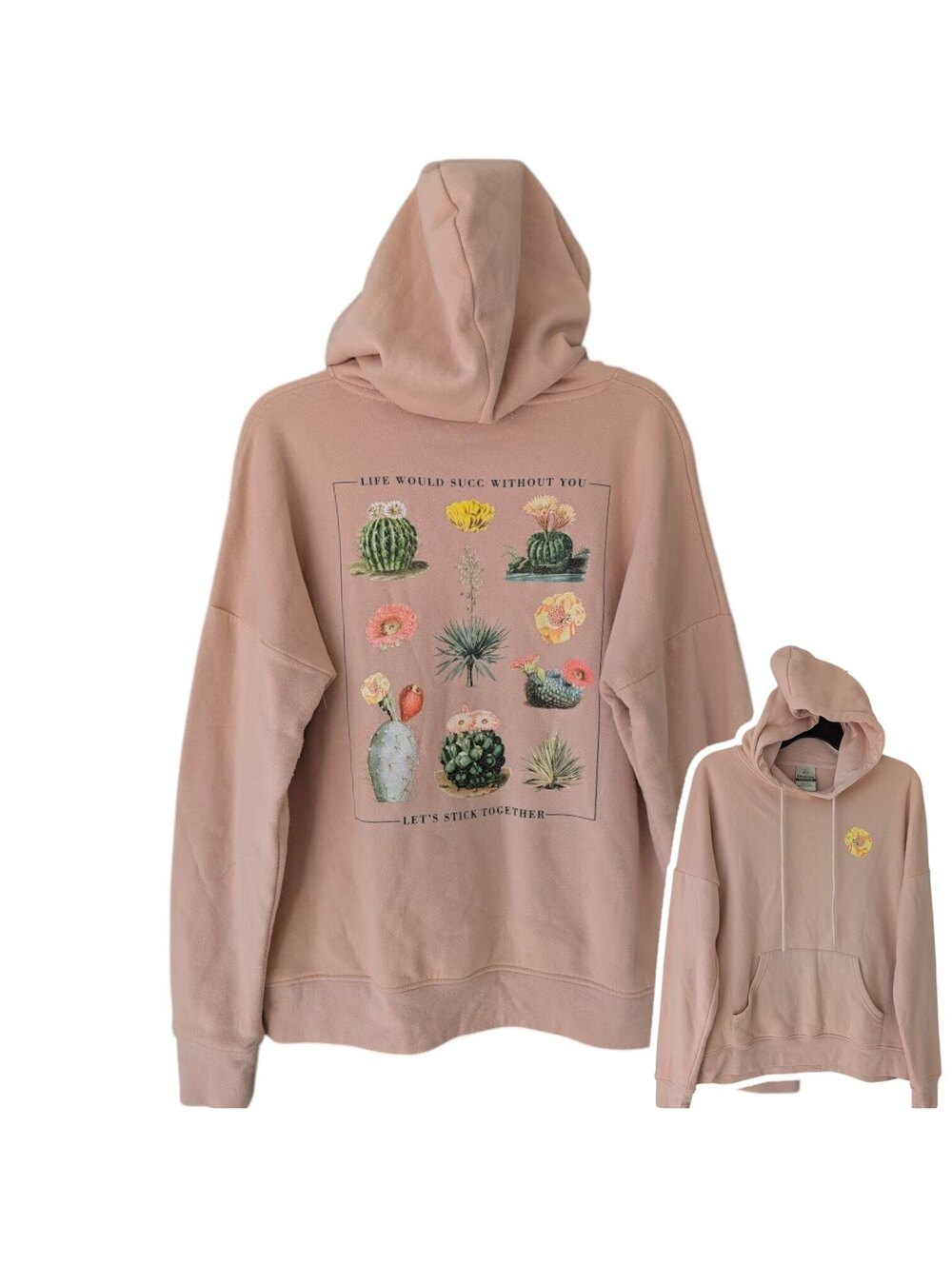 Dravus Mens M Pink Hoodie Cactus Succulent Lets Stick Together Sweatshirt 22x25